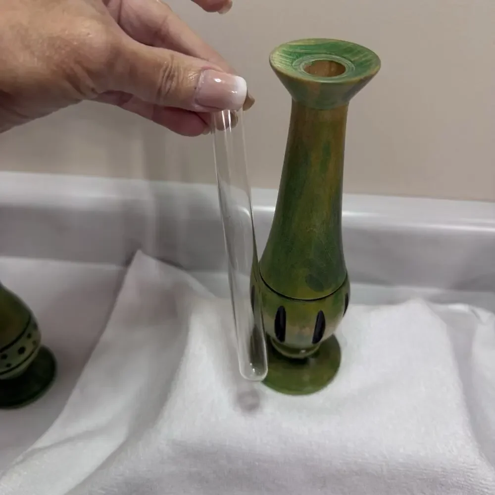 Vintage Hand-Turned Solid Maple Bud Vase Green Dye Signed GEW Glass Insert OOAK